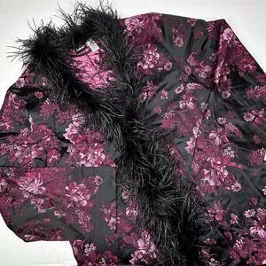 Fredericks Of Hollywood Formal‎ Feather Boa Kimono Robe L/XL Black Pink DIVA EUC